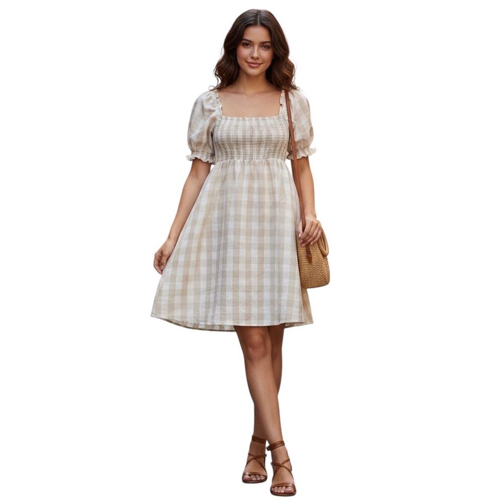 House of Harlow 1960 Tan Gingham Check Linen Smocked Short Sleeve Dress Medium